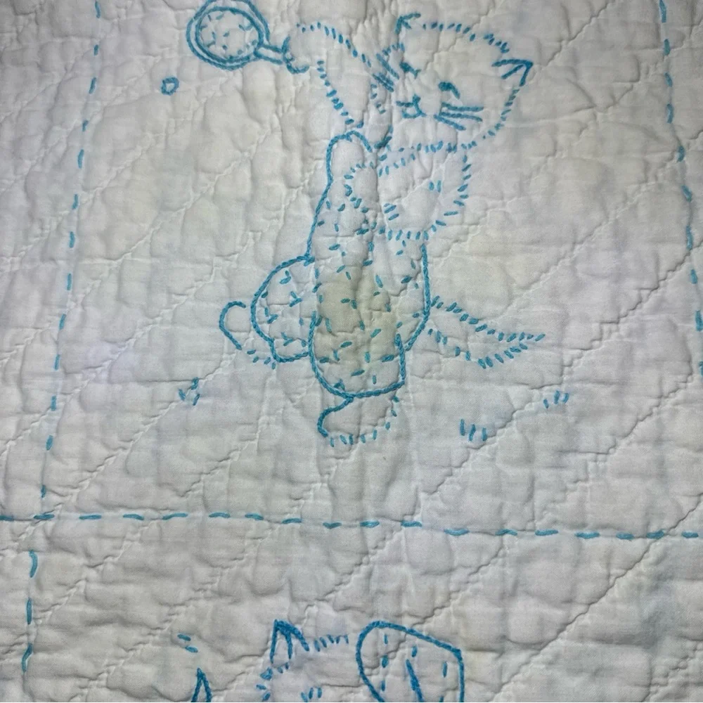 Vintage Handmade Cat Quilt Blanket Blue White 43x51 Hand Stitched Throw VTG